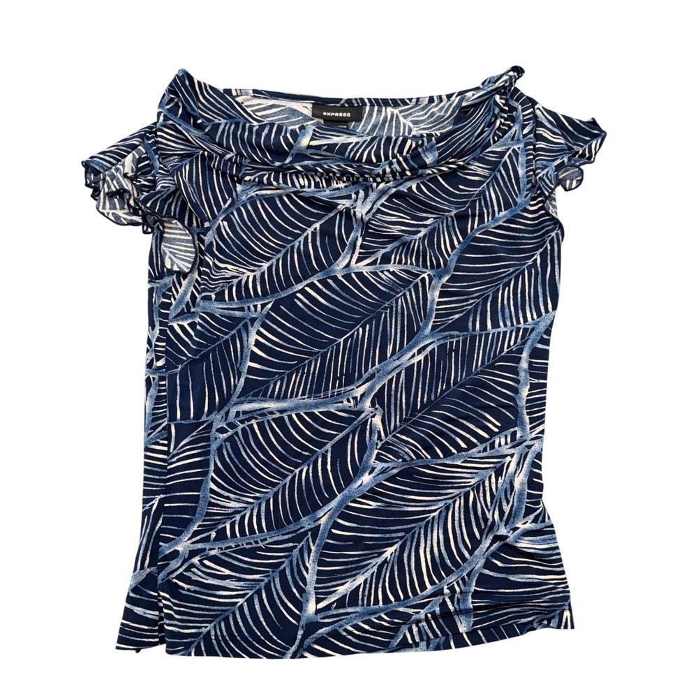 Express Womens Small Blue White Palm Leaf Cowl Neck Flutter Sleeve Blouse Top